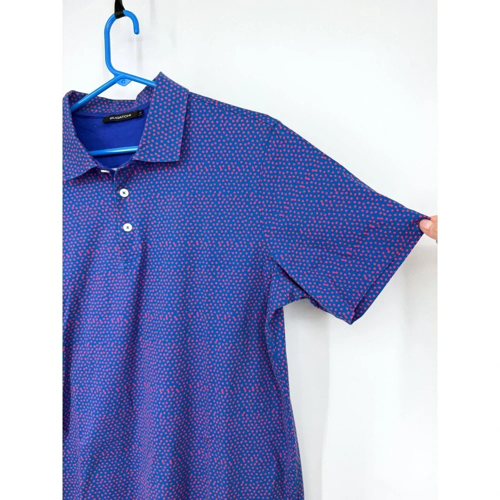 Bugatchi Mens Mercerized Cotton Micro Dot Golf Polo Shirt Blue Red LF2206 L
